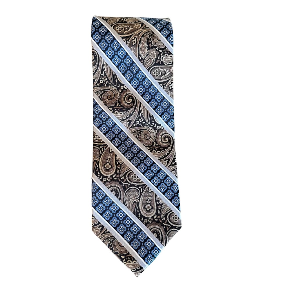 Pronto Uomo Men Paisley Diagonal Stripe‎ Silk Tie Blue Brown Black Silver Formal